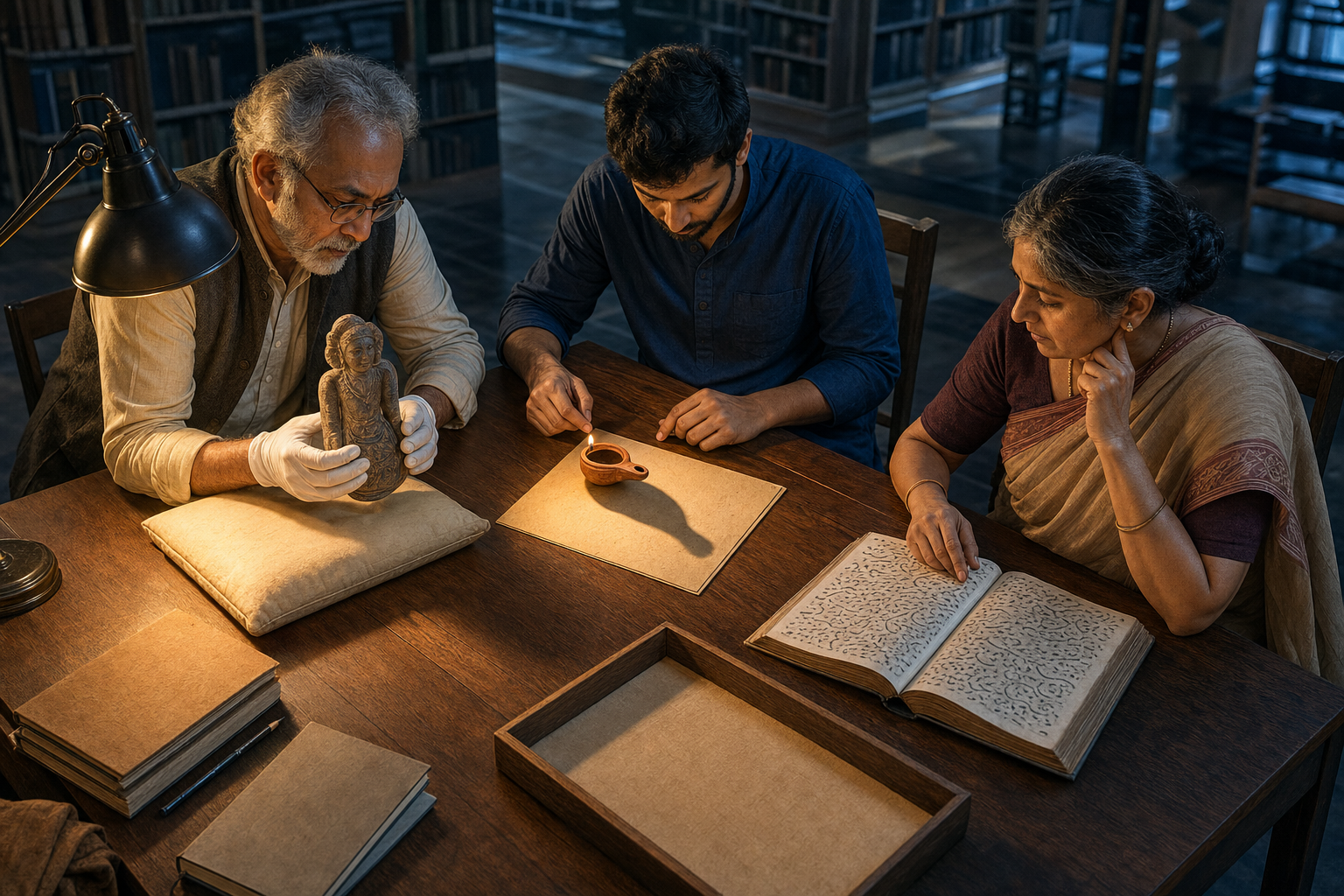 Three researchers in a library examine an artifact, a lamp and shadow, an oral account, a manuscript and an empty evidence tray.