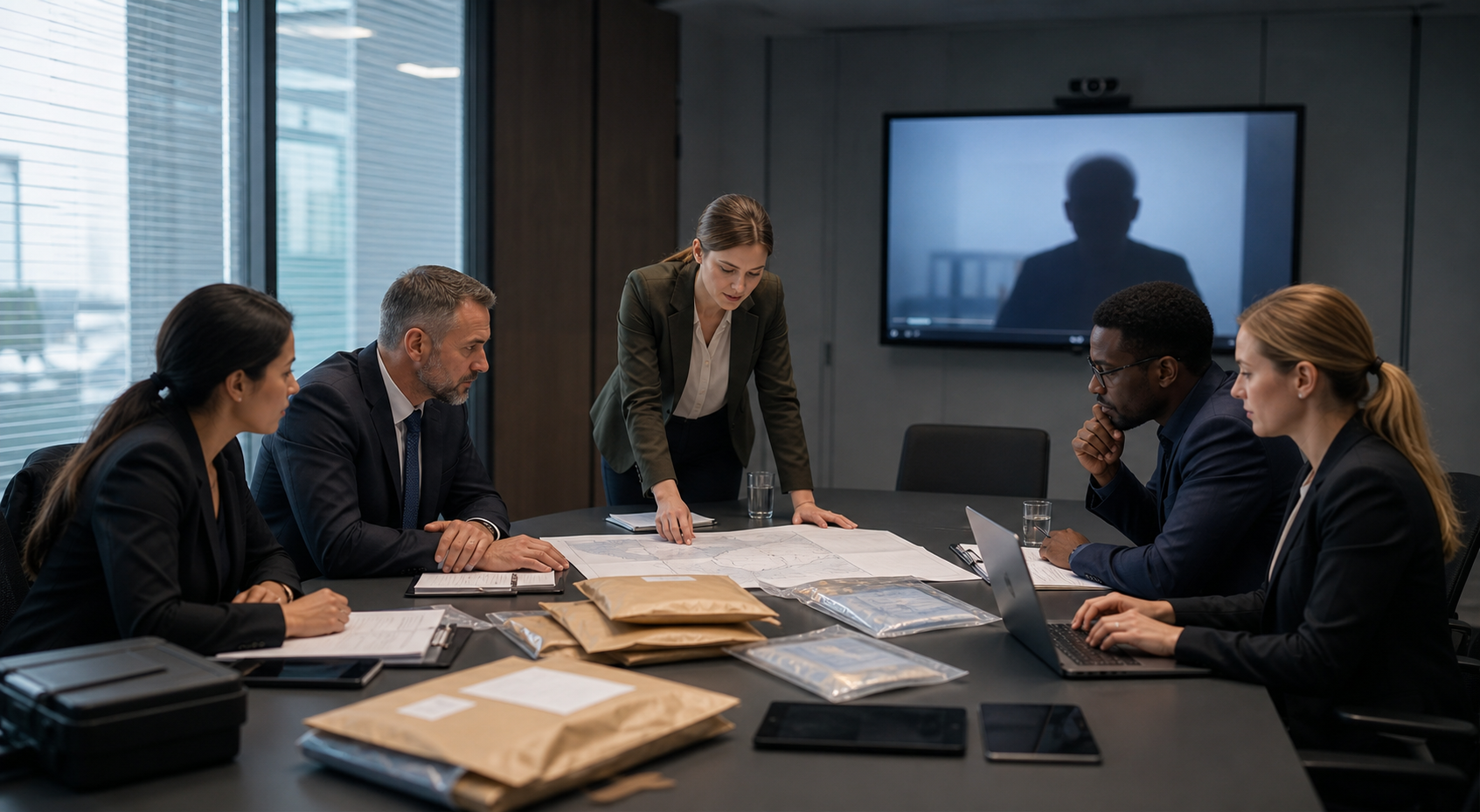 Investigators and forensic specialists review sealed evidence and a blank map during an international conference-room meeting.