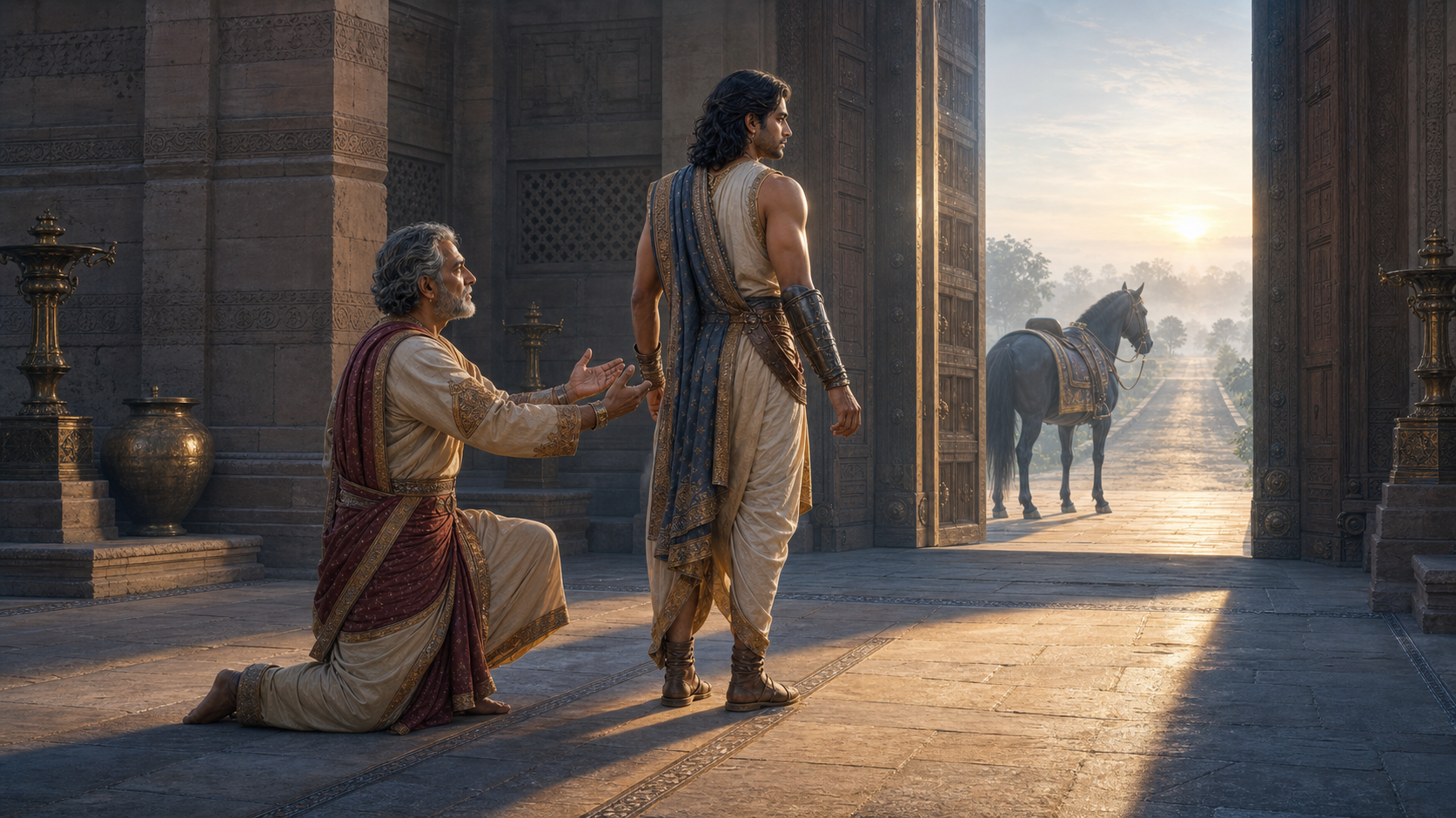 A royal guardian finishes fastening a younger warrior's arm guard as the warrior faces an open gate and a waiting horse.