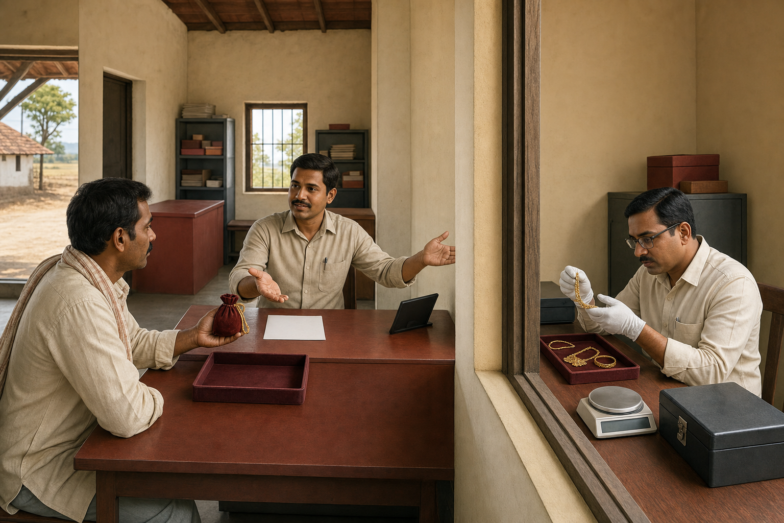 A customer, postal clerk and separate finance employee occupy distinct parts of a rural gold-loan transaction.