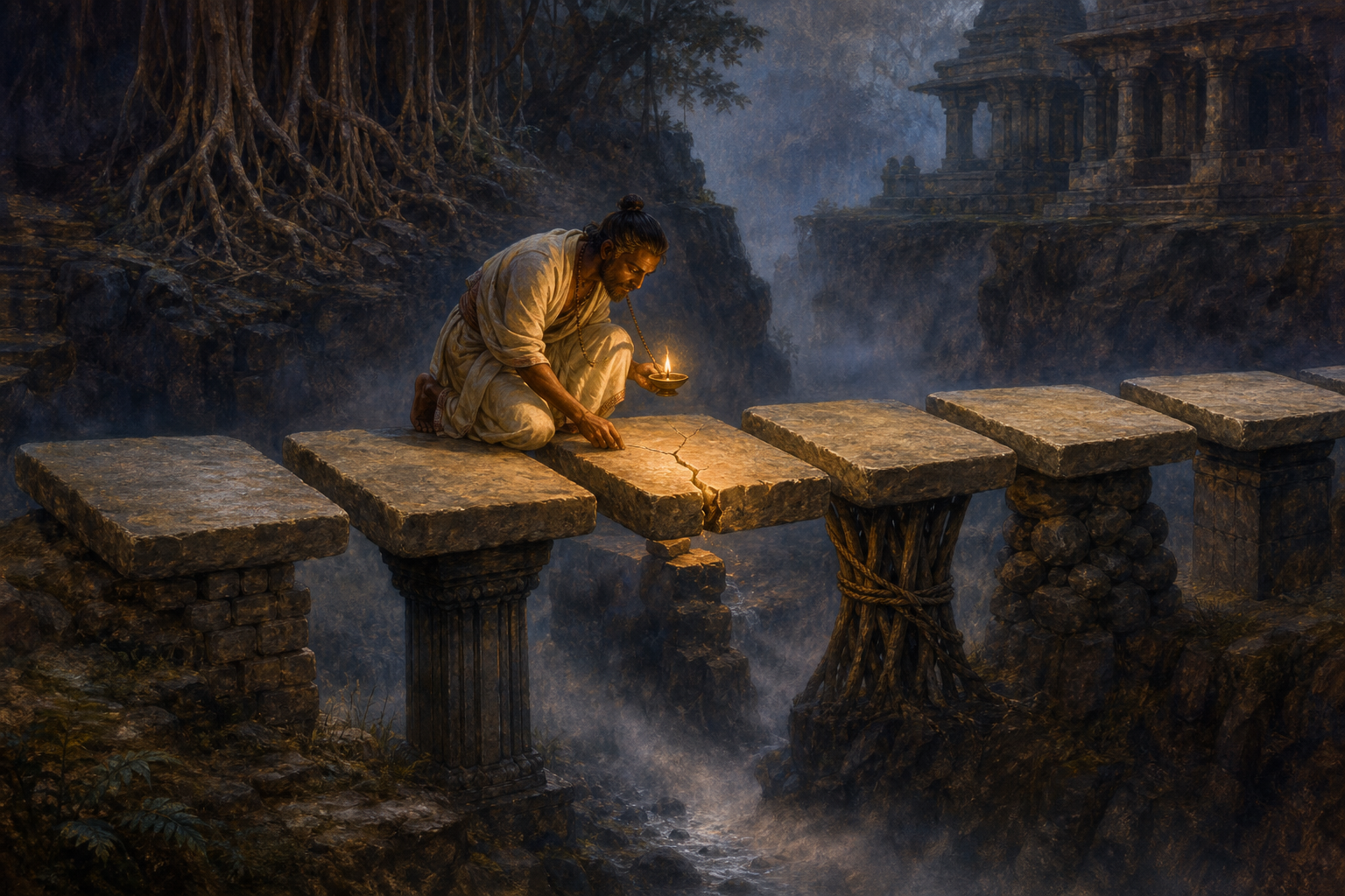 A logician kneels beside a cracked stone in a path across a ravine, illuminating the precise break in the route.
