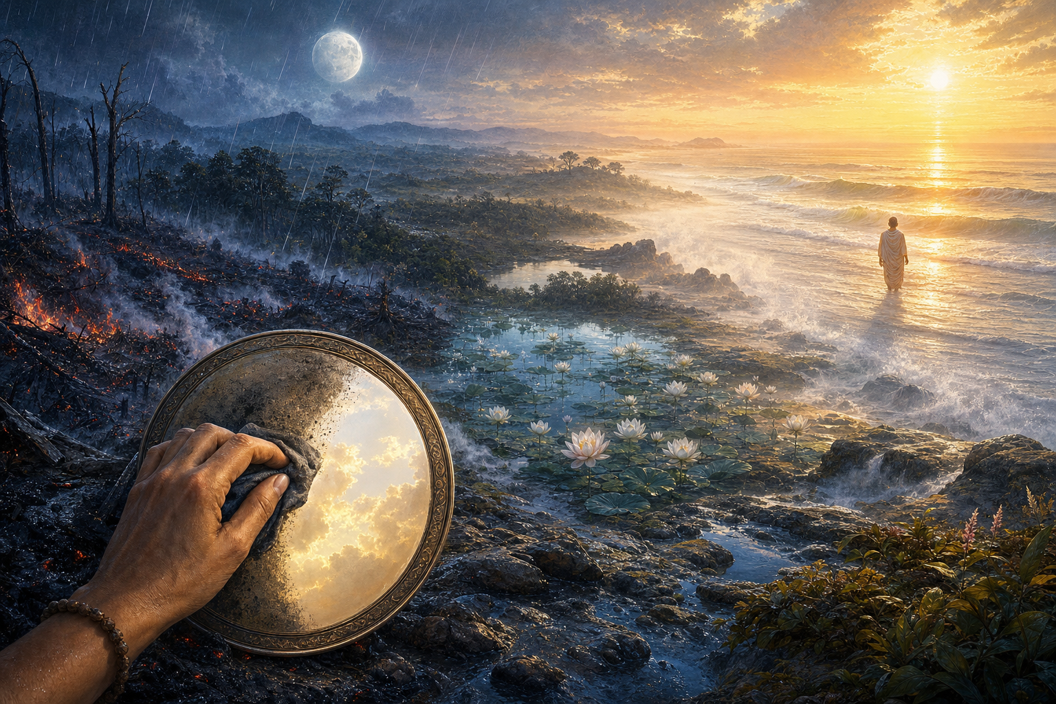 A hand cleans a darkened metal mirror in a landscape where rain cools forest embers, lotuses open under the moon, and sunrise illuminates the ocean.