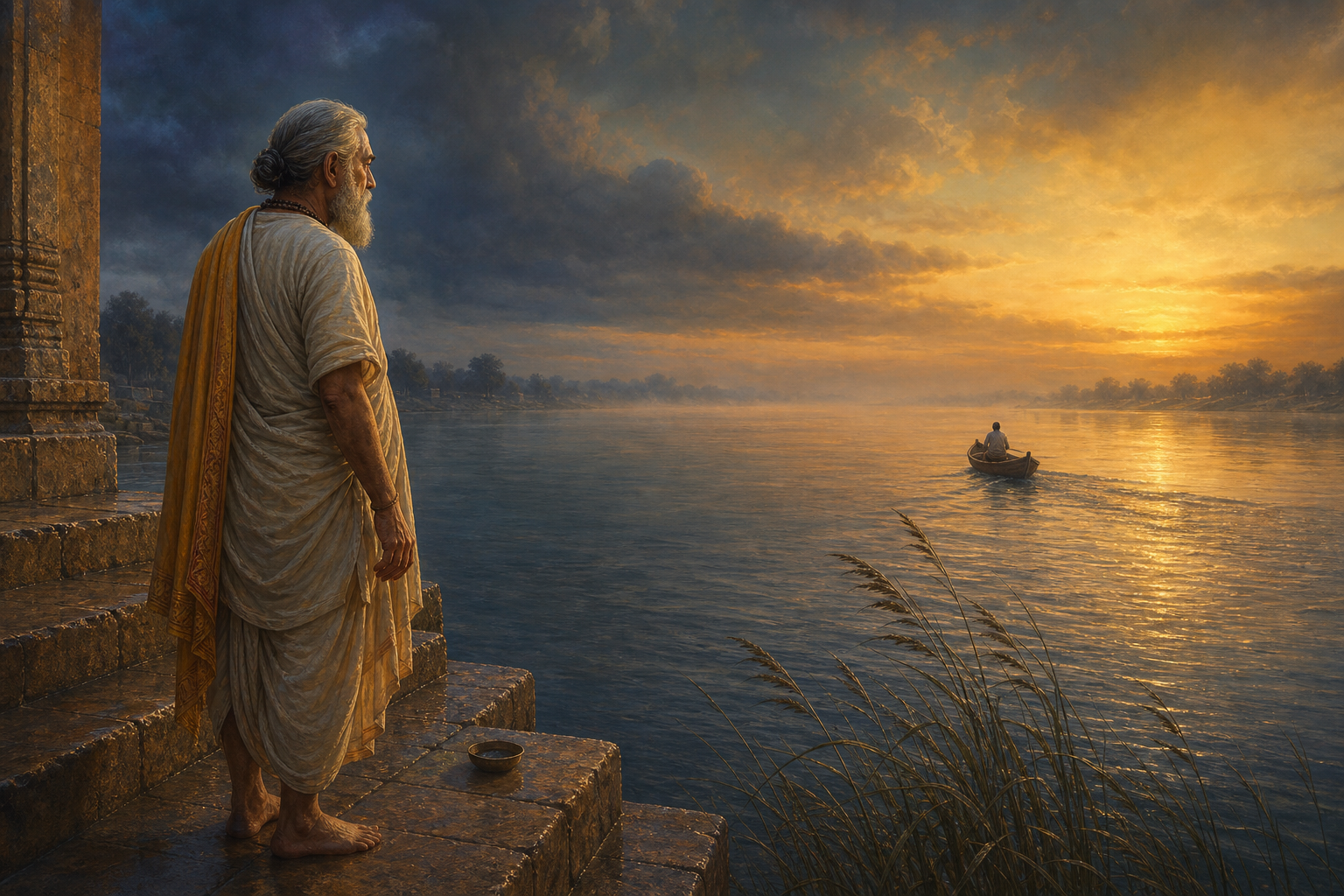 An elder stands with empty hands on riverside steps while a small boat carrying a traveler recedes across the water at twilight.