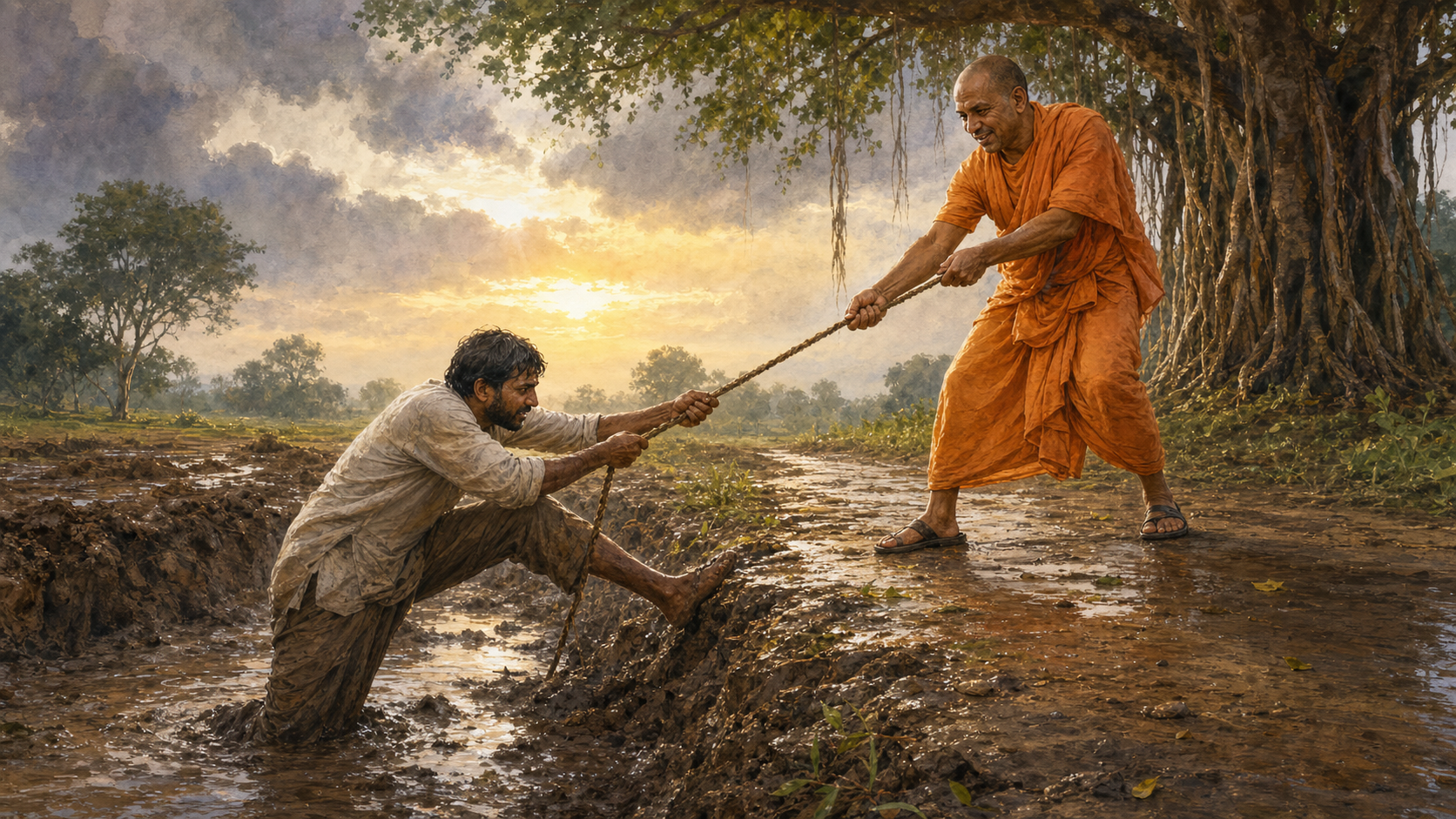 A saffron-robed helper braces a rope as a traveler uses it to climb from a muddy road onto firm ground at sunrise.