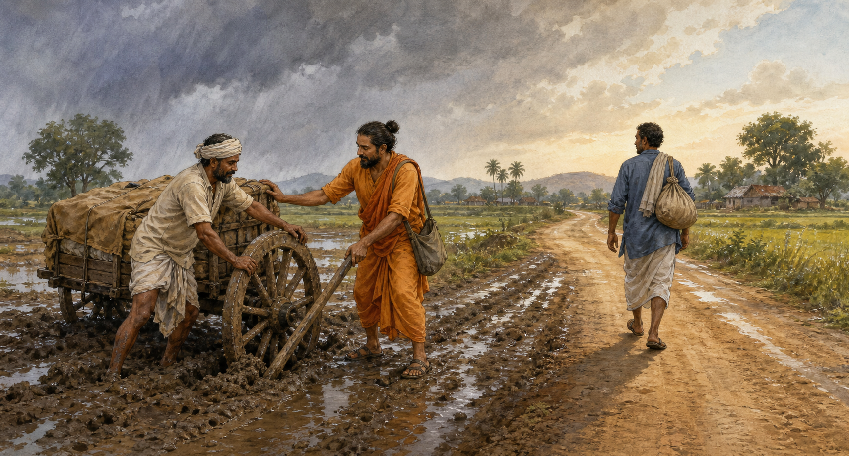 A traveler helps one person free a cart wheel from mud while another person continues independently along the clear part of the road.