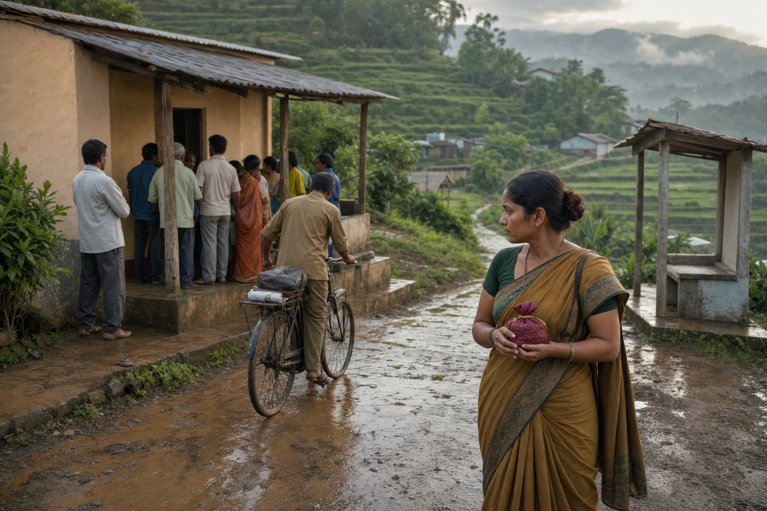 A postal worker cycles toward a remote Indian village branch as a woman with a wrapped jewellery pouch considers the accessible service.
