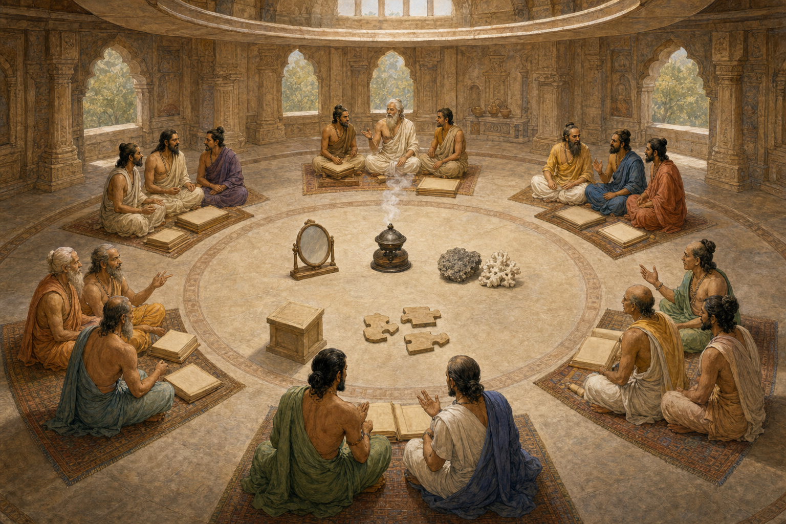 Groups of Indian philosophers in a circular hall discuss different subsets of six evidence objects arranged at the center.