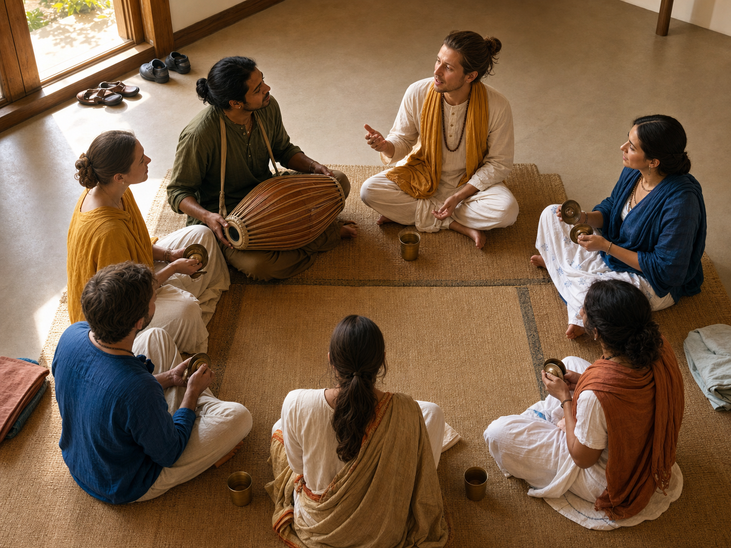 A small group sits in a circle practicing call-and-response chanting with a mridanga and kartals in a sunlit community room.