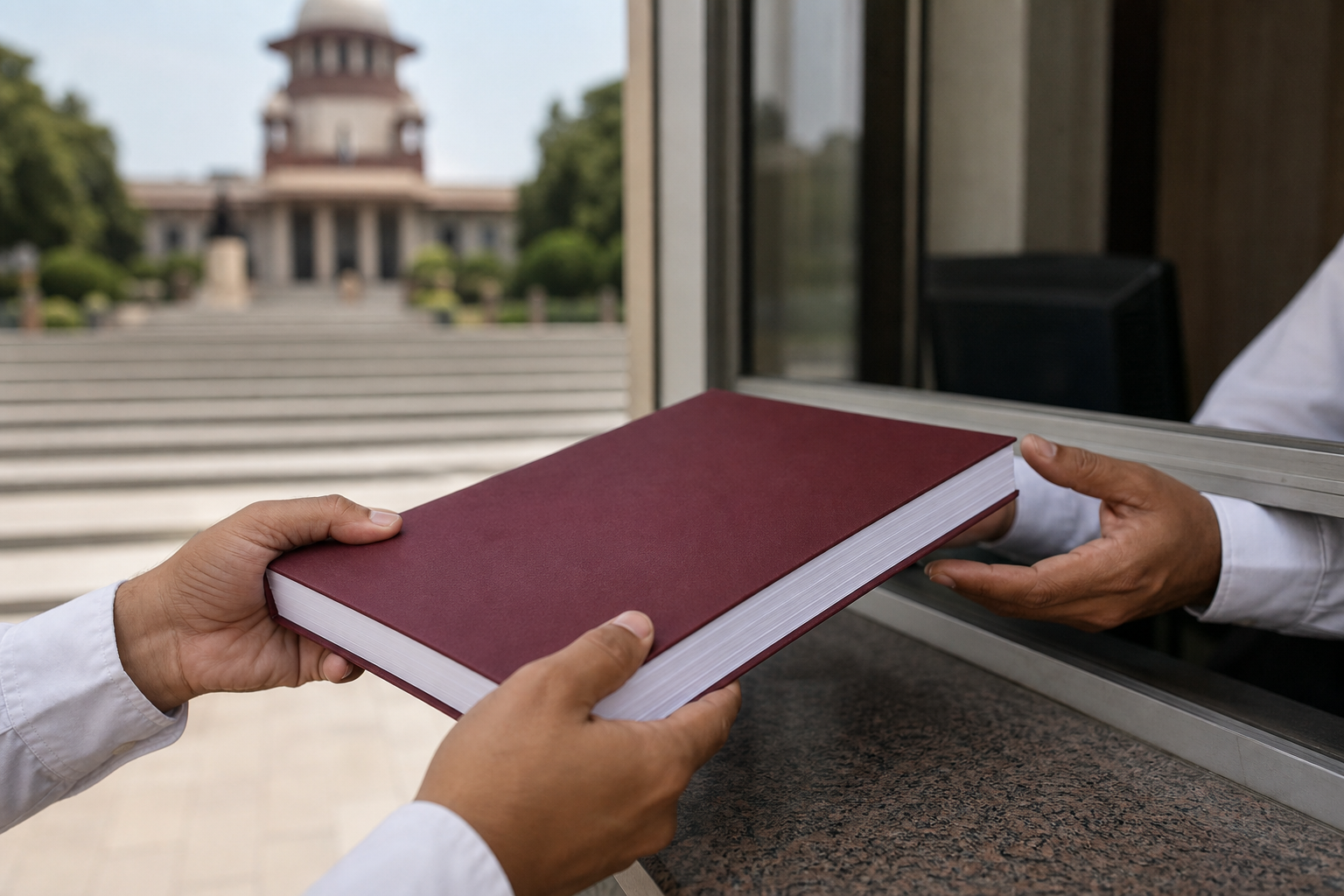 Hands submit a bound legal petition at a court registry counter, with courthouse steps visible in the background.
