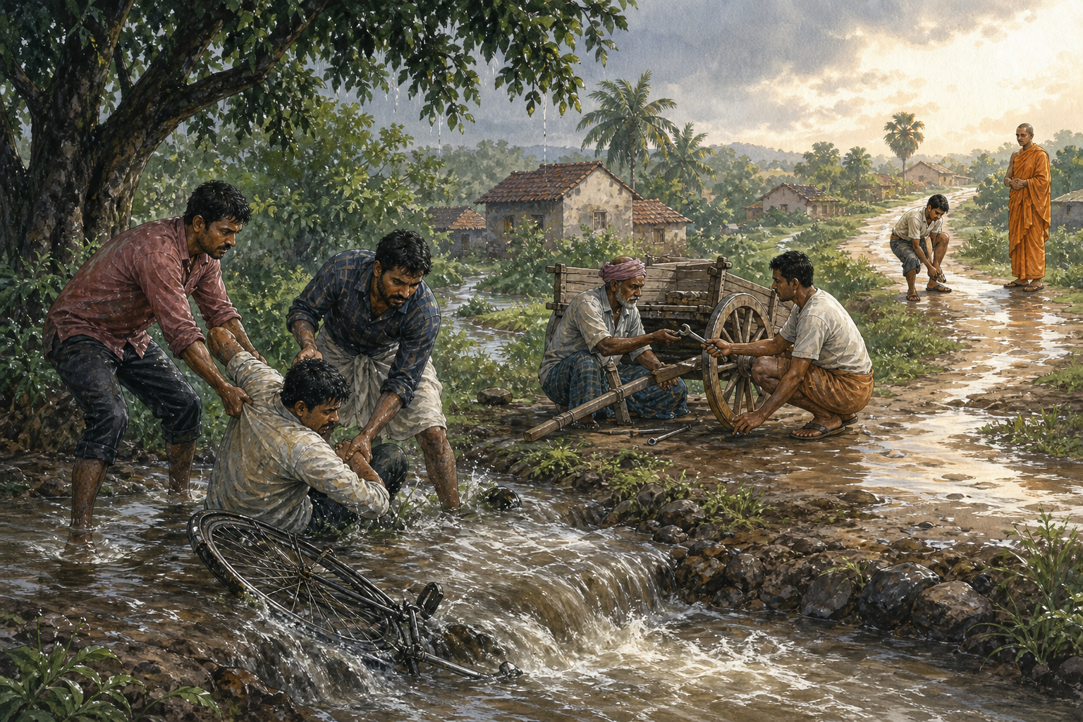 One village scene shows people pulling a fallen cyclist from a stream, assisting with a cart repair, and allowing a traveler to stand independently.