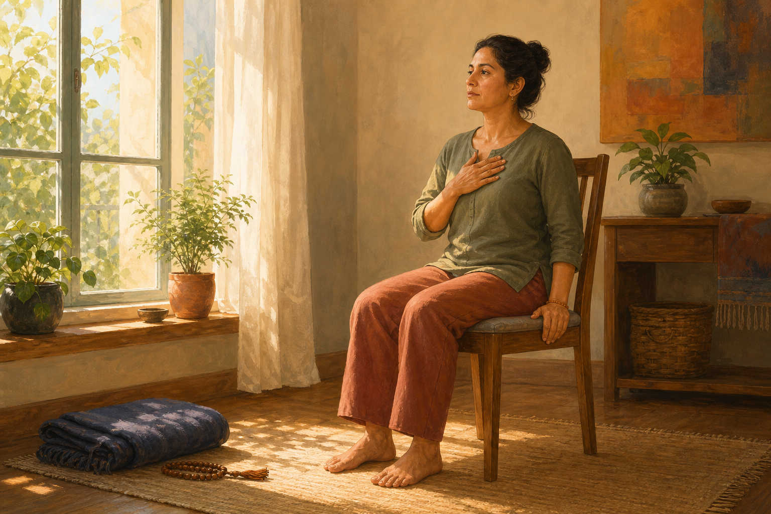 An adult meditates with open eyes while seated in a supportive chair, one hand on their chest and both feet resting on the floor near a sunlit window.
