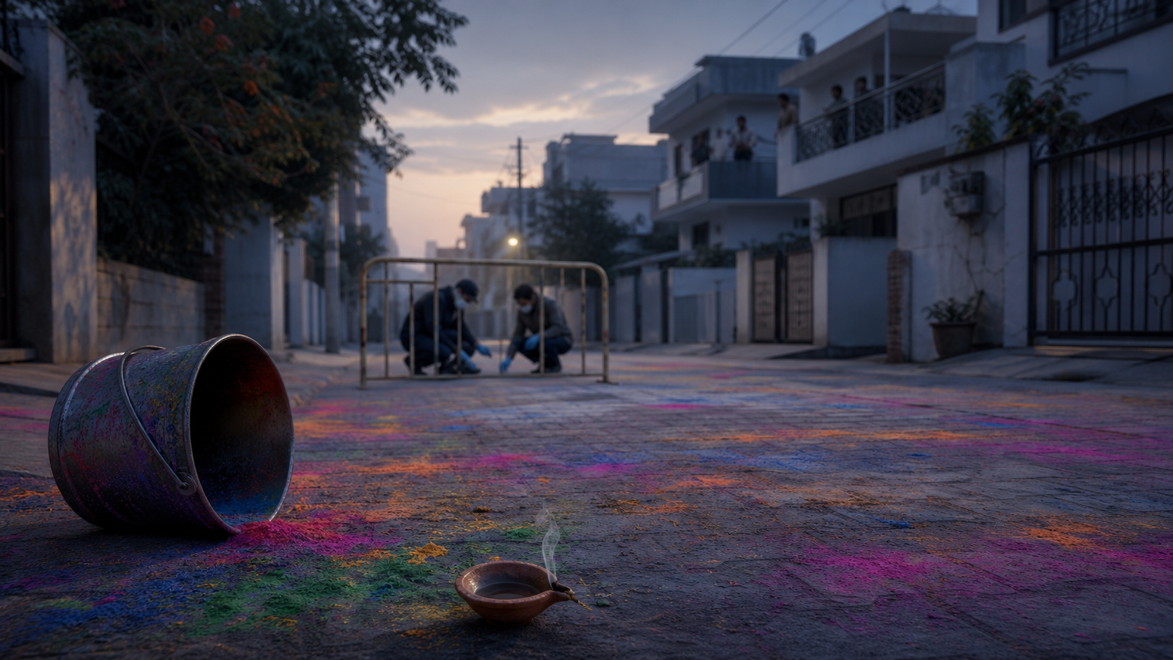 A quiet residential lane after Holi with colored powder on the pavement, an extinguished clay lamp, and investigators examining the area at dusk.