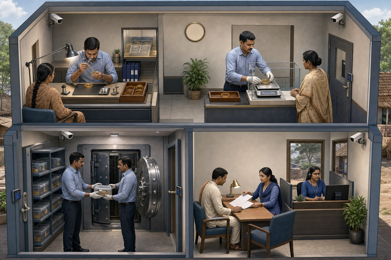 A secure rural lending room shows jewellery appraisal, transparent weighing, sealed storage, contract review and customer assistance.