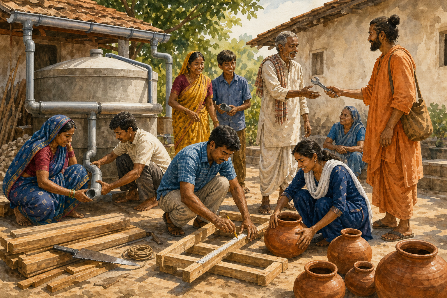 Village residents lead the construction of a rainwater collection system while a saffron-robed volunteer hands a tool to one of the builders.