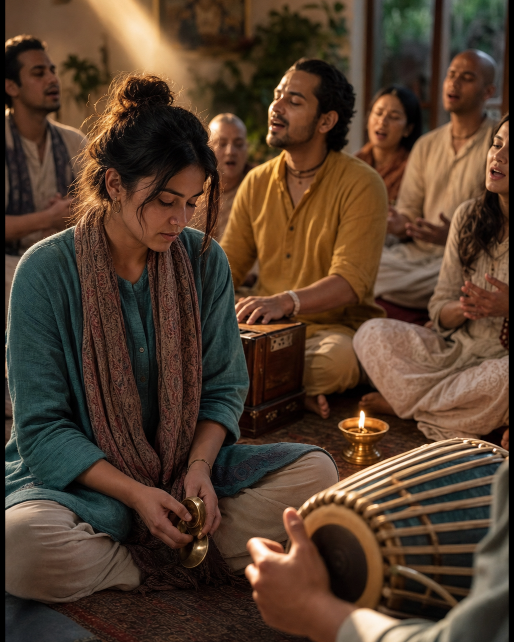 A participant holding kartals looks down during a chanting circle while the surrounding devotees continue singing calmly.