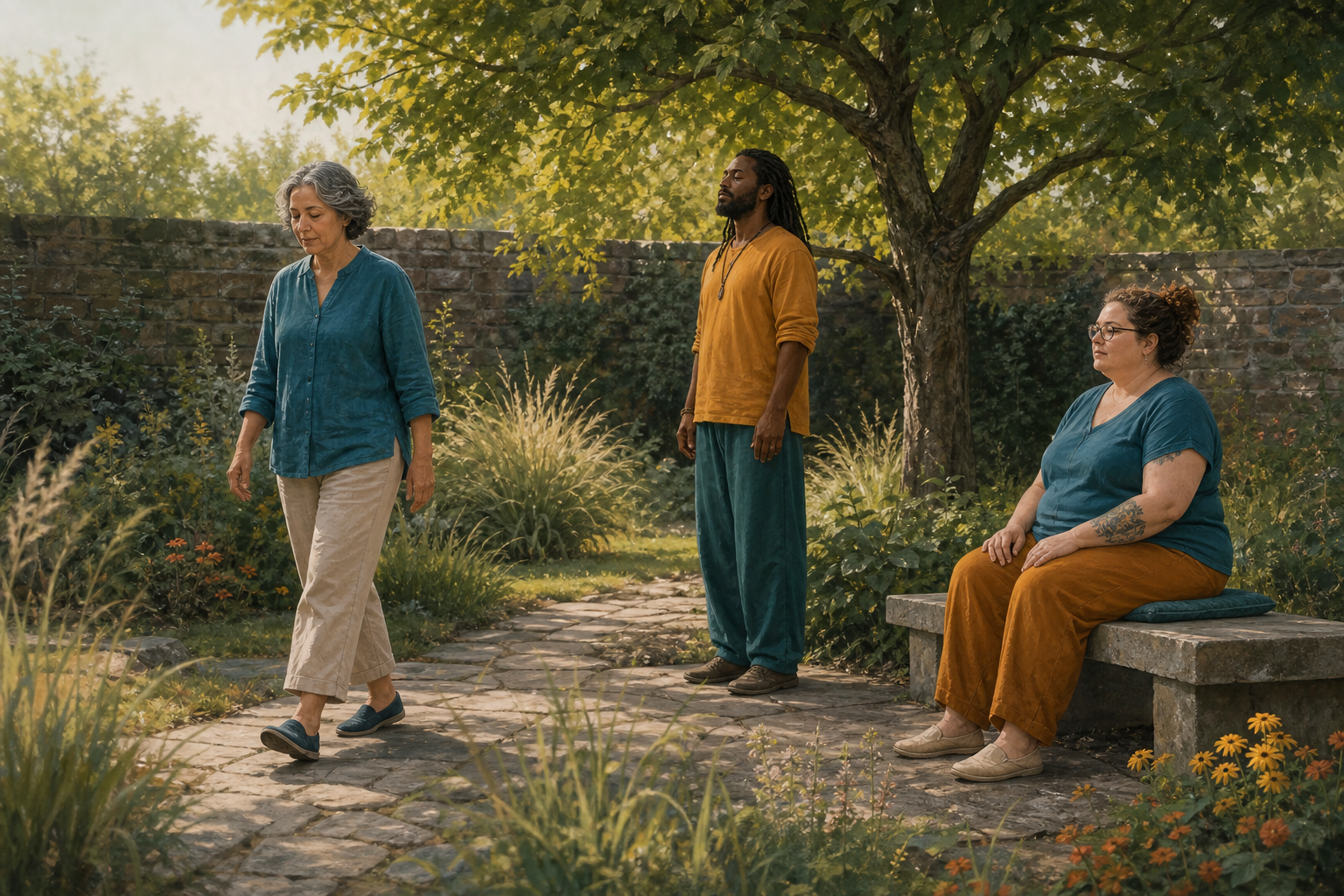 Three adults meditate in a garden courtyard while walking, standing, and sitting on a bench.