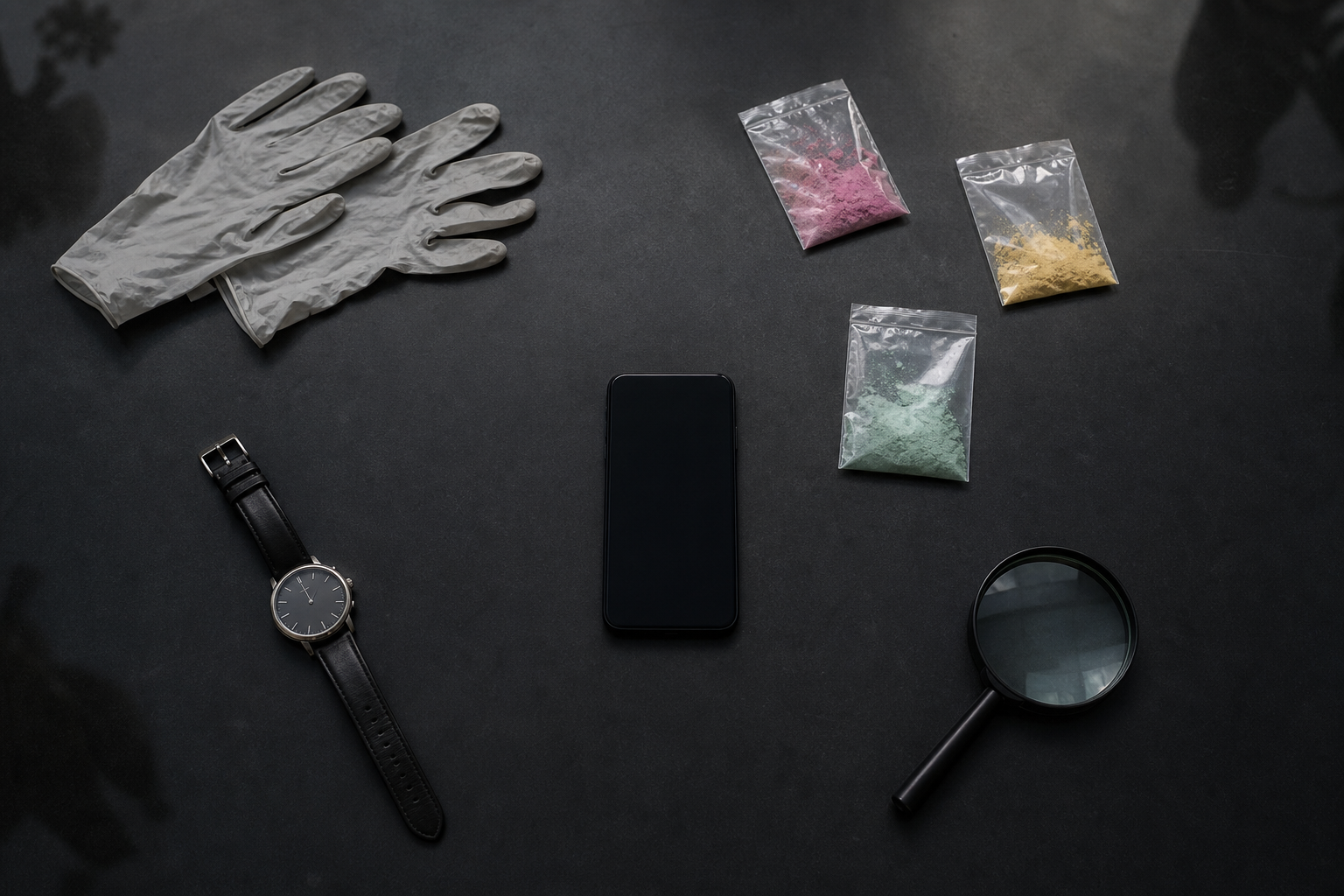 Protective gloves, sealed color samples, a dark smartphone, a wristwatch, and a magnifying lens arranged separately on an examination table.