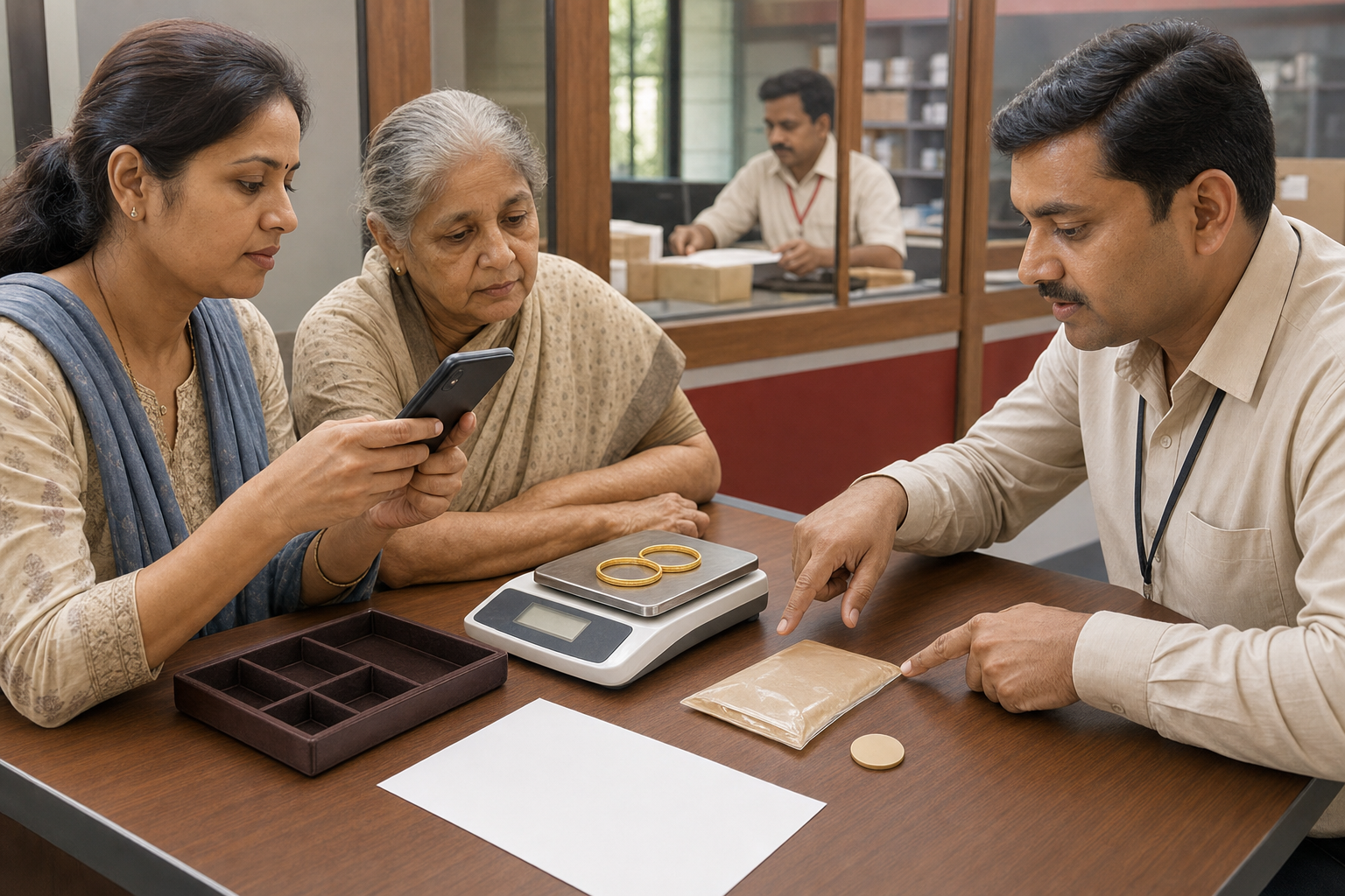 A woman and an older relative watch jewellery being weighed while checking a blank contract and sealed custody pouch.