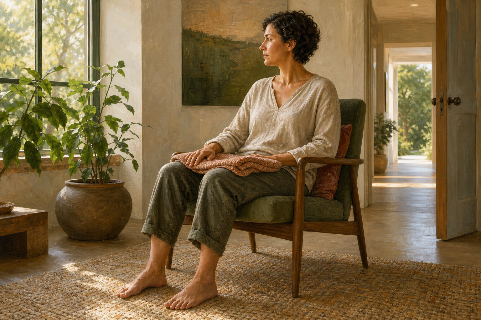 An adult in a chair looks at a plant, touches a woven cloth, and presses both feet into a rug in a room with an open doorway.