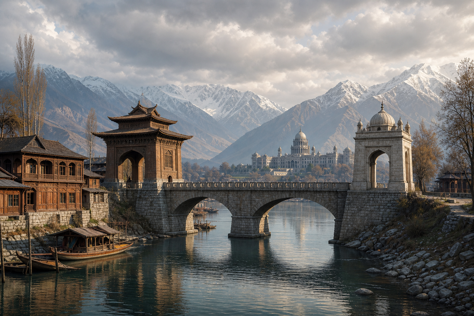 A Himalayan valley connected to a domed civic complex by a bridge passing through two distinct architectural gateways.