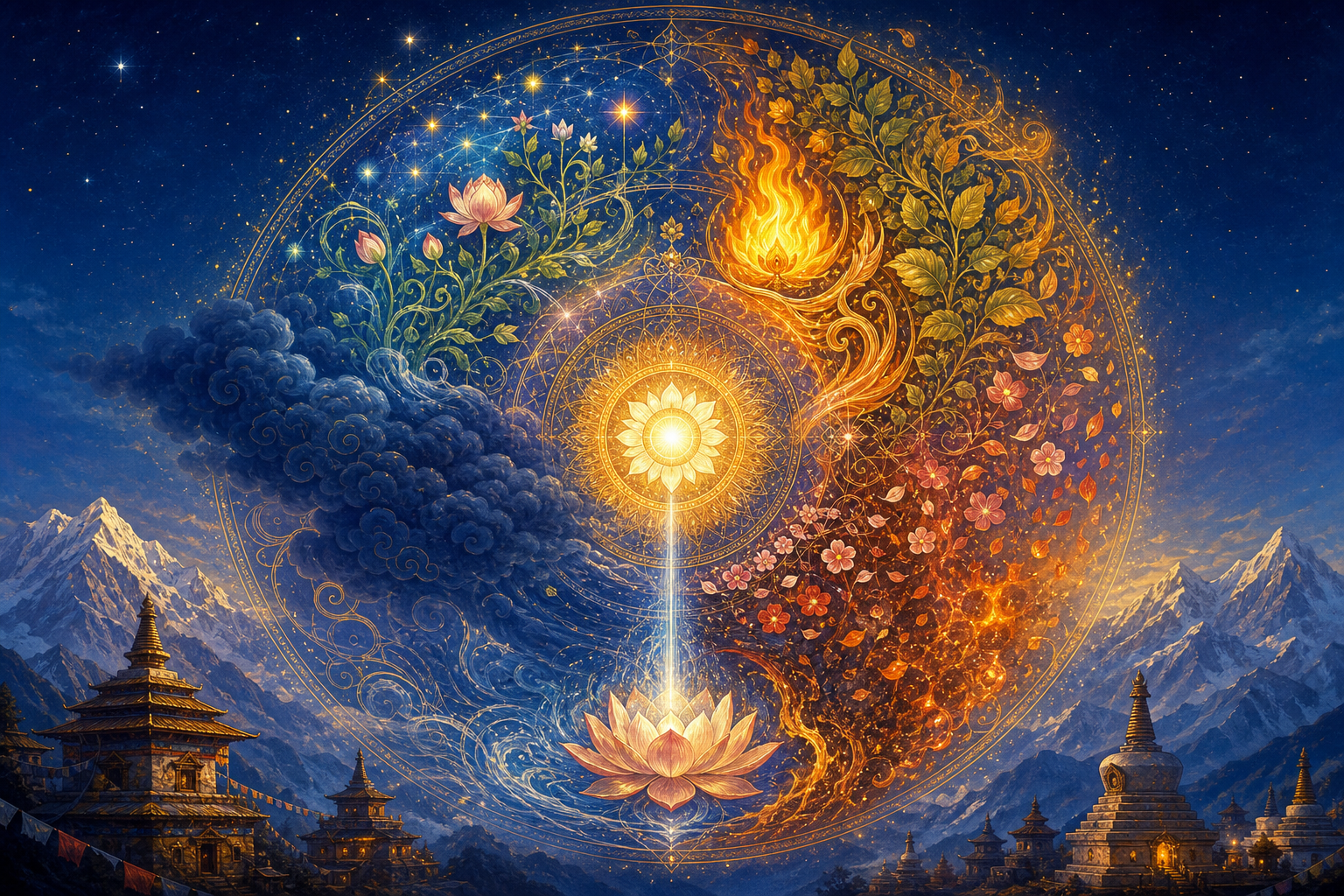A luminous cosmic wheel contains overlapping symbols of growth, continuity, dissolution, concealment, and grace above a Himalayan-temple landscape.