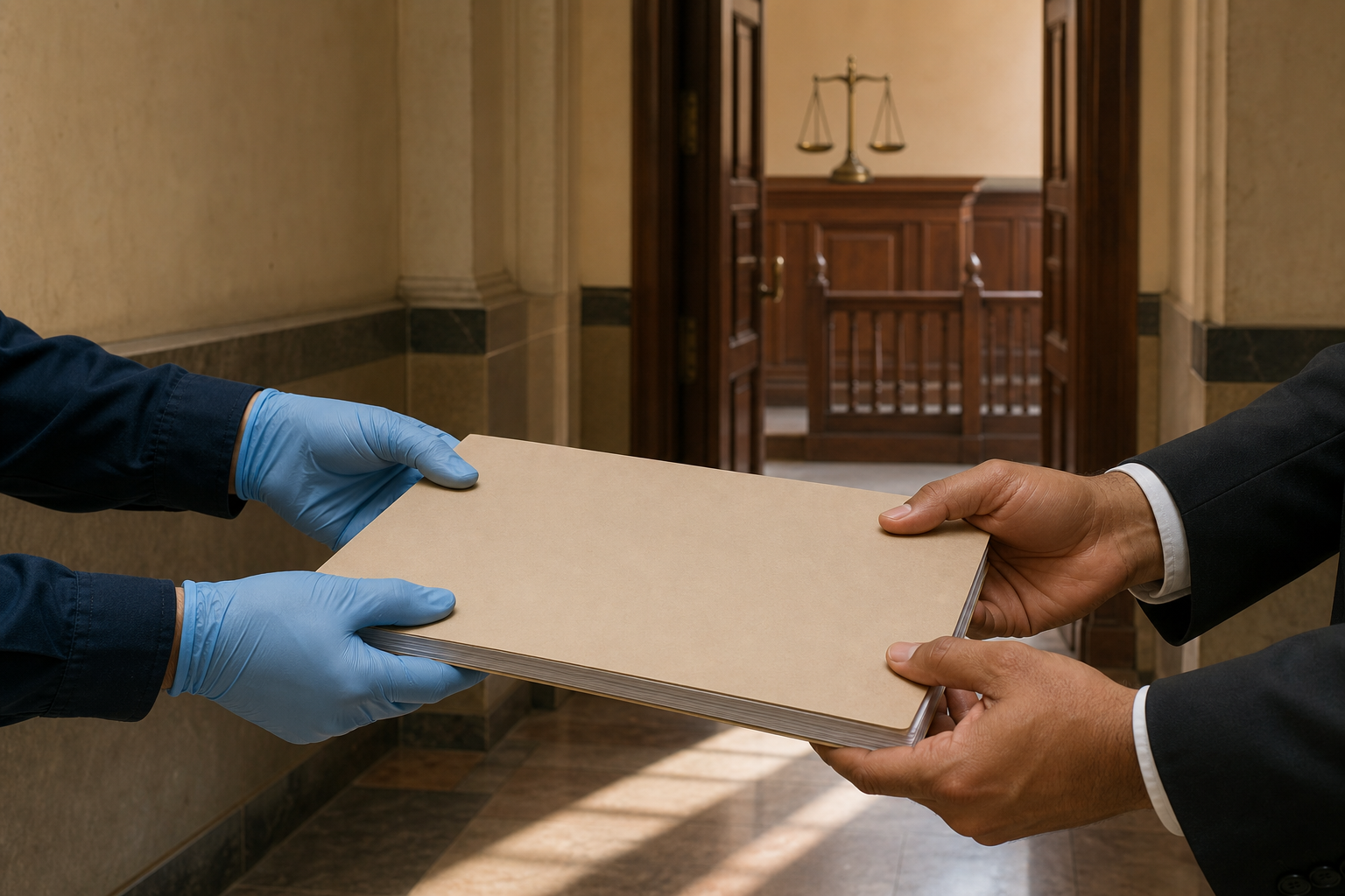 An investigator hands a blank case file to a lawyer outside a courtroom, with a witness stand and brass scales visible beyond them.