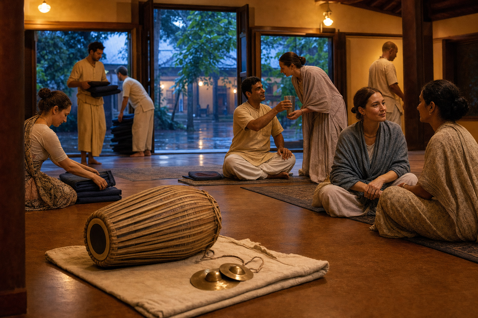 After chanting, a mridanga and kartals rest on a cloth while participants fold cushions, offer water, and speak quietly in the hall.
