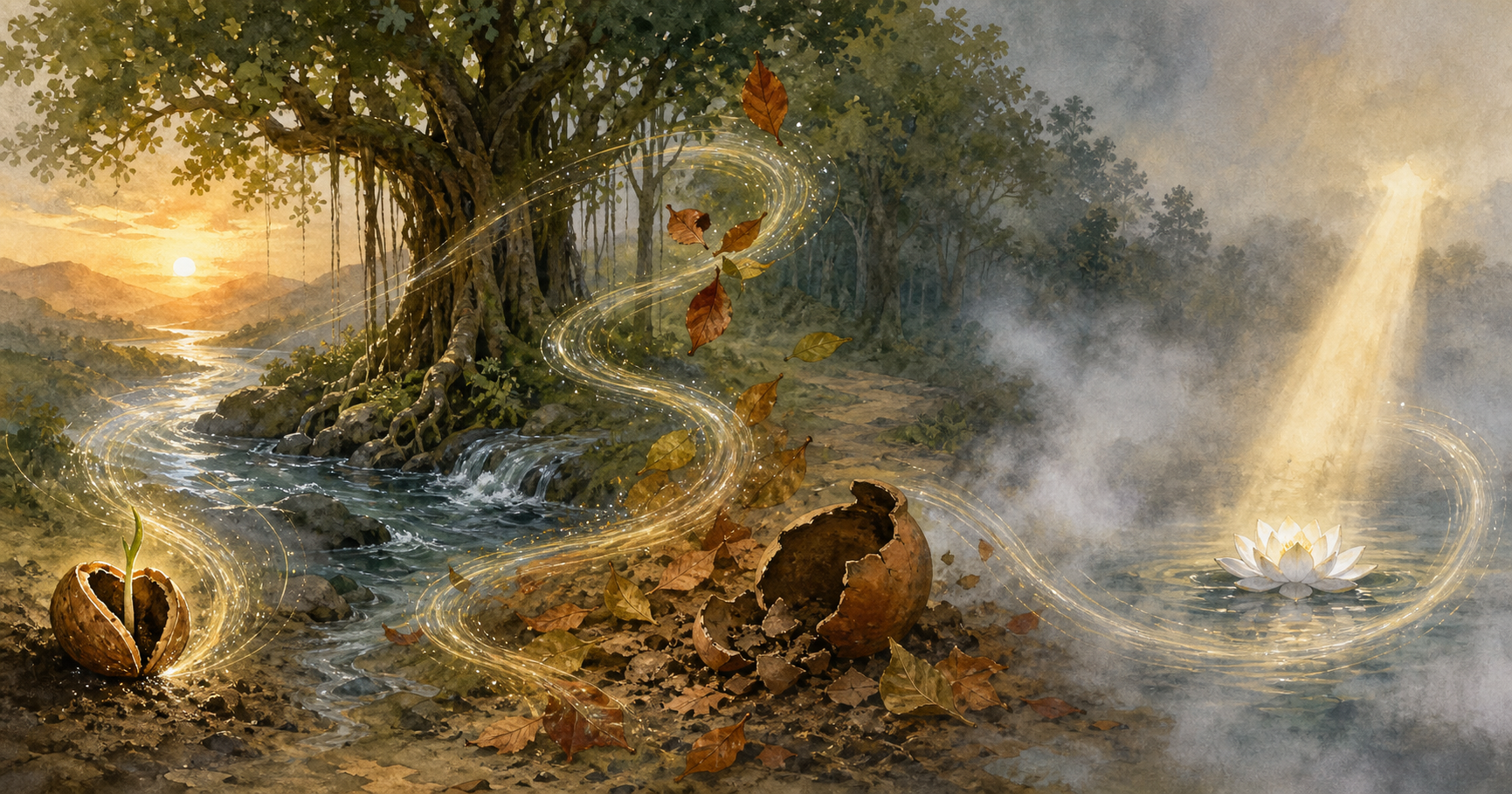 One continuous landscape shows a sprouting seed, a flourishing banyan, fallen leaves, a mist-hidden path, and a sunlit white lotus at the same time.