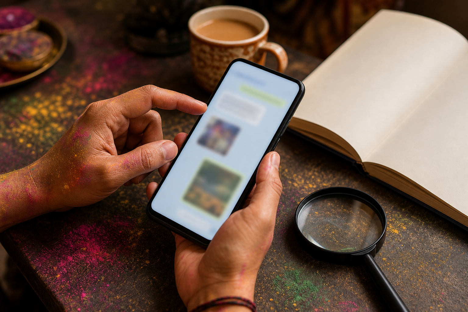 A hand pauses over a smartphone with blurred message shapes beside a magnifying glass, a blank notebook, and a cup of tea.