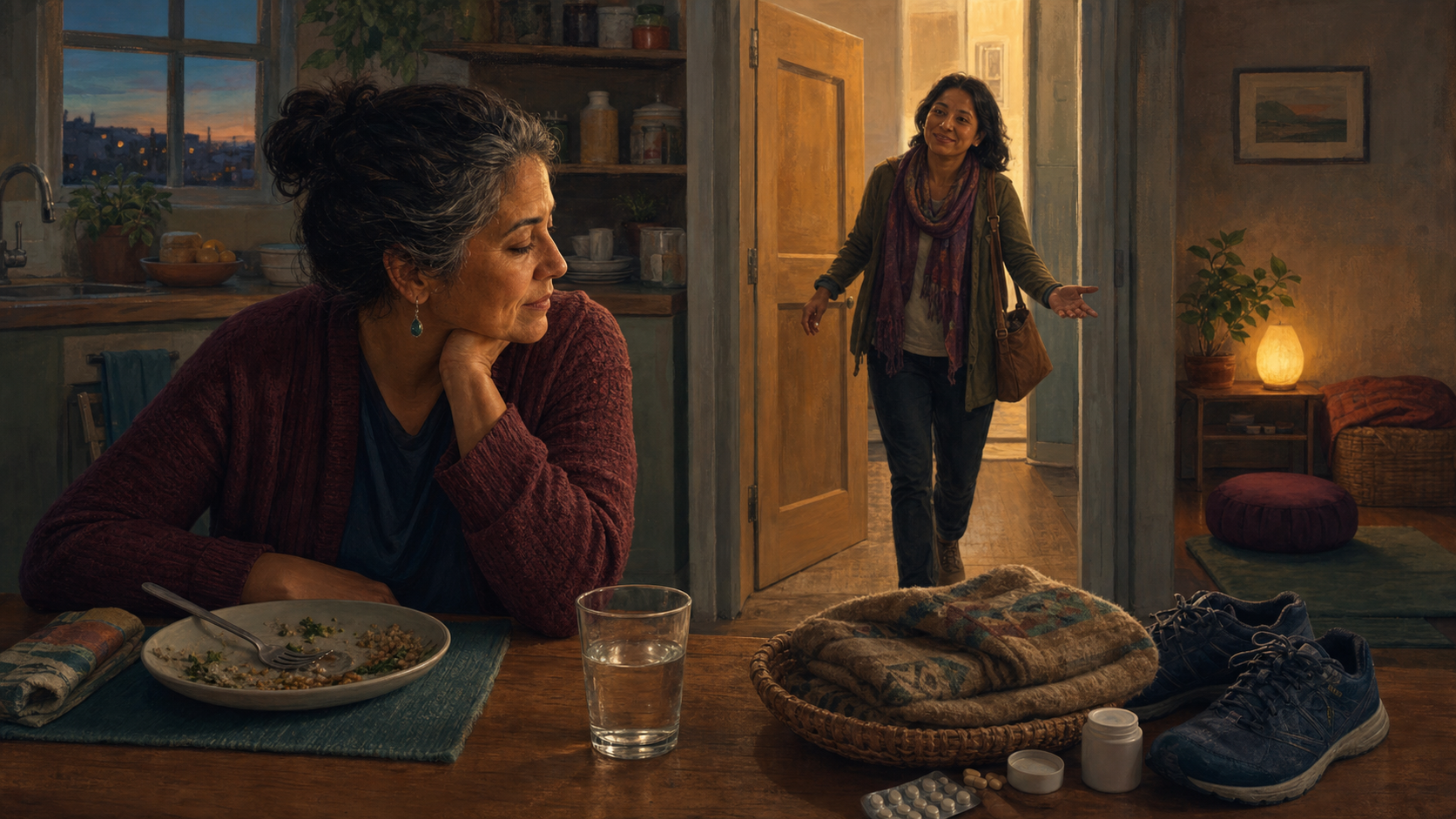 An adult sits at a kitchen table with a finished meal and water as a friend approaches; walking shoes, a blanket, medicine, and a meditation cushion are nearby.