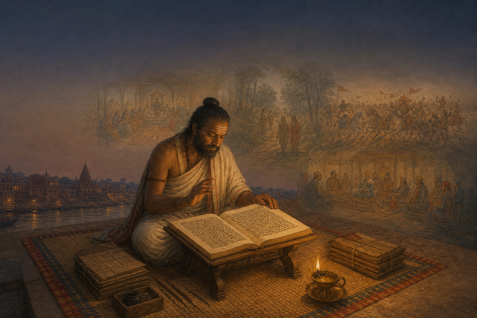 A Sanskrit scholar studies an open manuscript by an oil lamp while faint scenes of a court, forest, battlefield, and diplomatic chamber appear behind him.