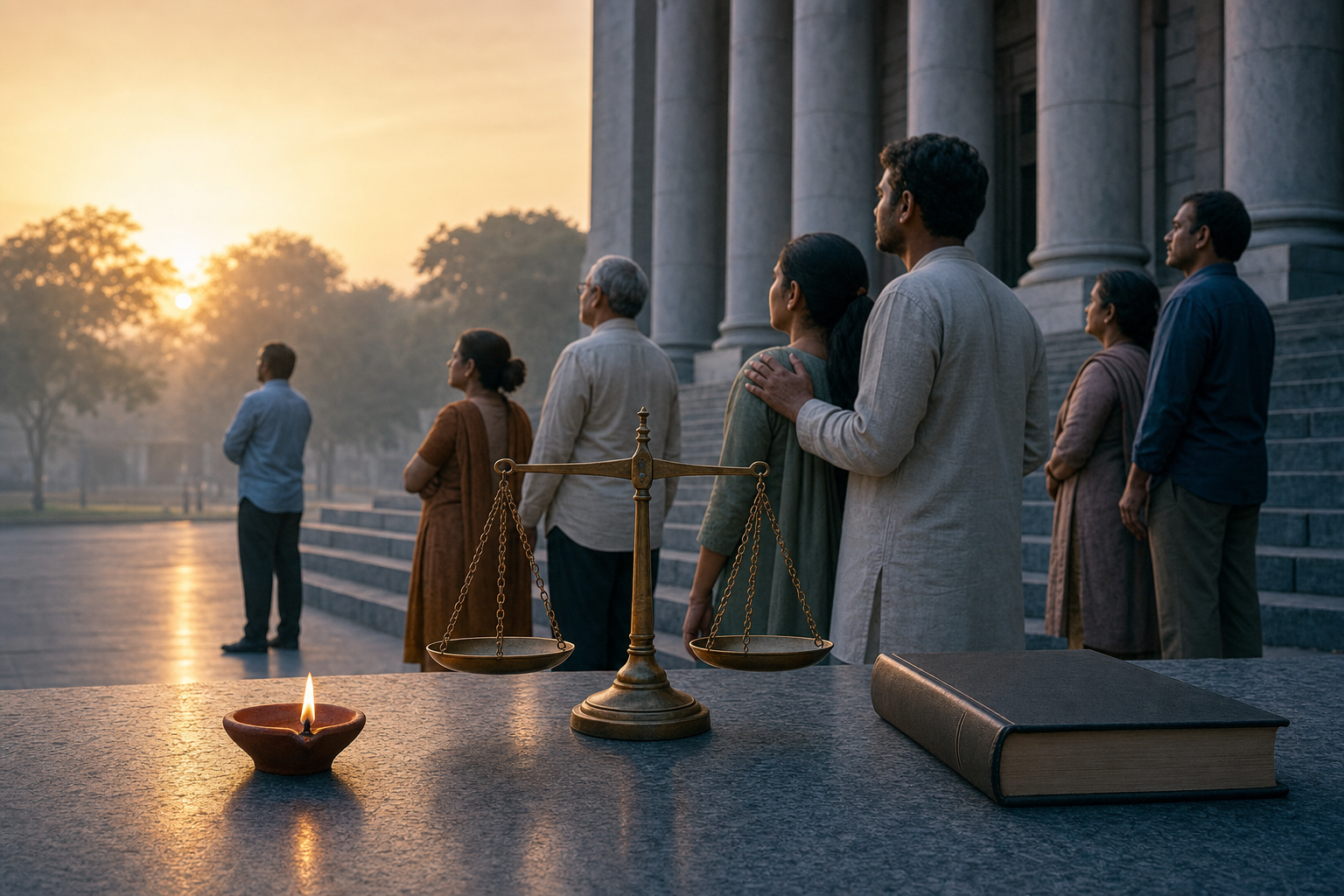 A lit clay lamp, brass scales, and a closed plain law book rest on courthouse steps as a small group of citizens stands together at dawn.