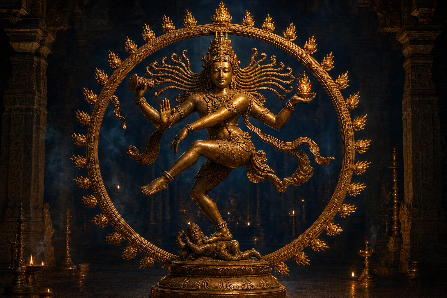 Shiva as Nataraja dances inside a ring of fire, holding a drum and flame while raising one foot and extending a reassuring hand.