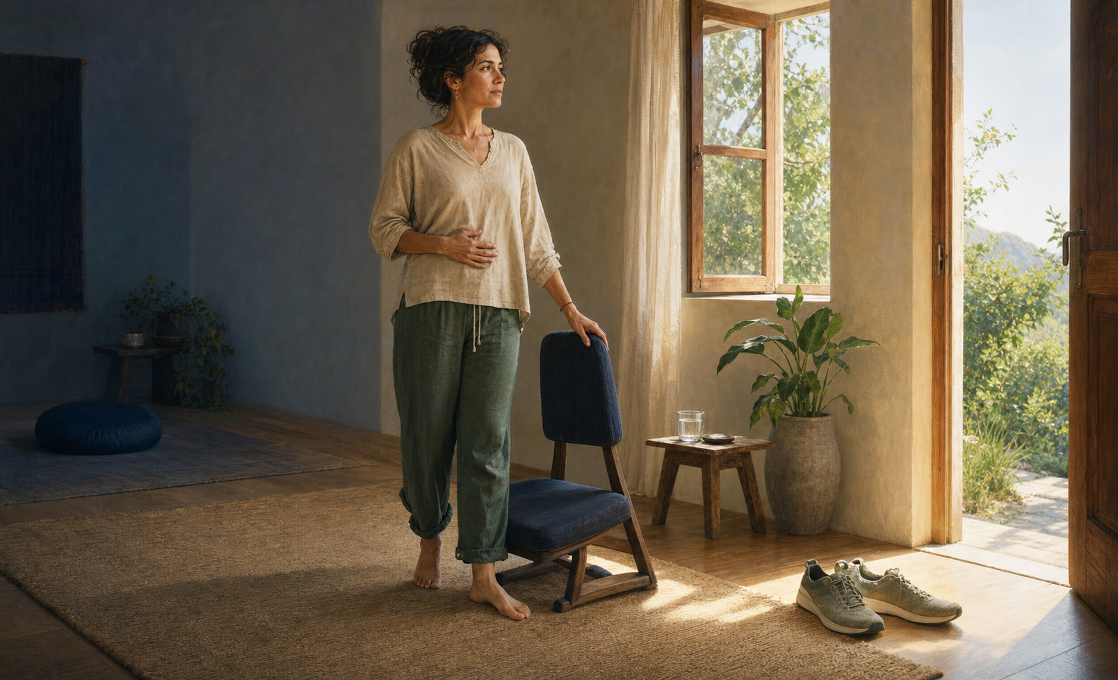 An adult pauses beside a chair with one hand on their abdomen, while a floor cushion, water, walking shoes, open window, and doorway remain visible.