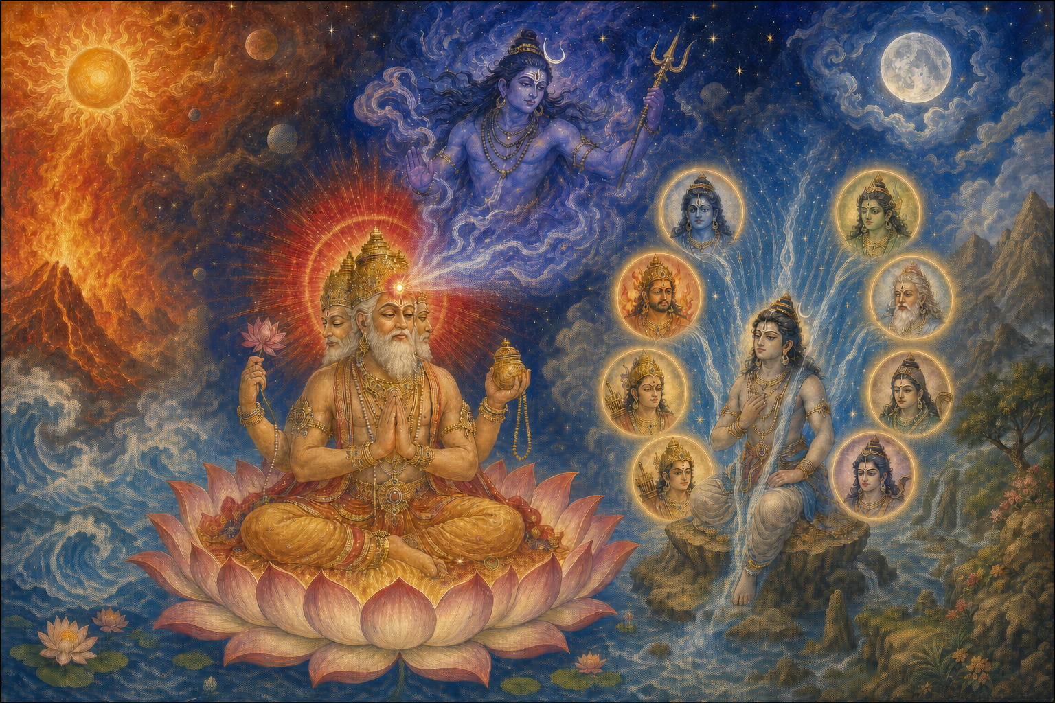 Brahma sits on a lotus as Rudra emerges in crimson-gold energy from his brow, with a younger tearful manifestation and eight halos nearby.