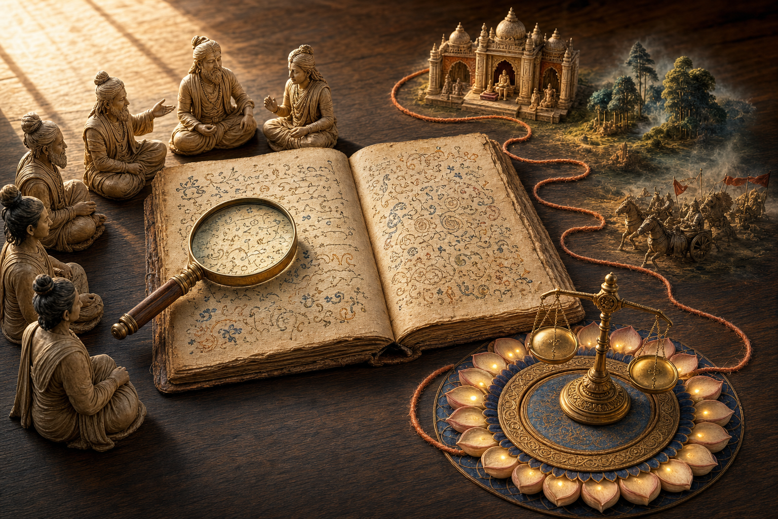 An open manuscript is surrounded by a magnifying lens, speaker figurines, connected narrative settings, and a glowing balance with a lotus motif.