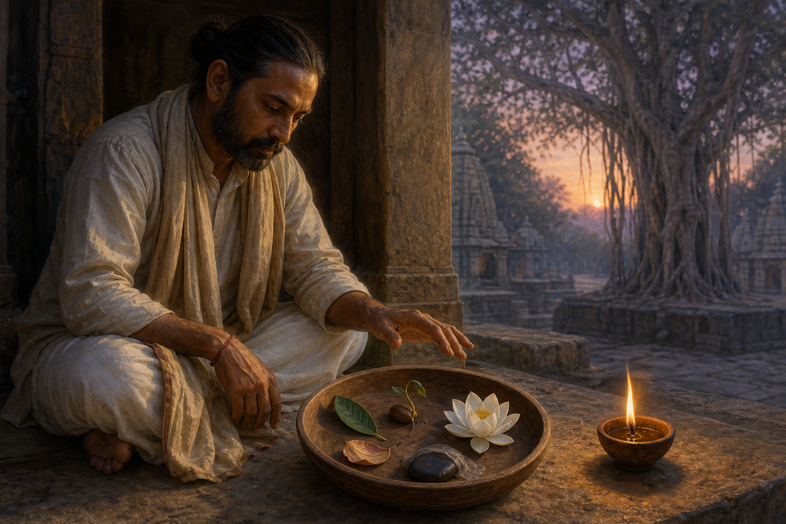 A seated practitioner reflects beside an oil lamp and a bowl holding a sprouting seed, green leaf, dry petal, veiled stone, and white lotus.