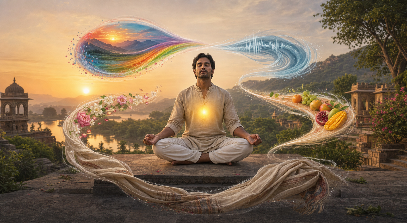 A person meditates at dawn while colorful currents representing the five senses circle calmly around a golden light at the chest.