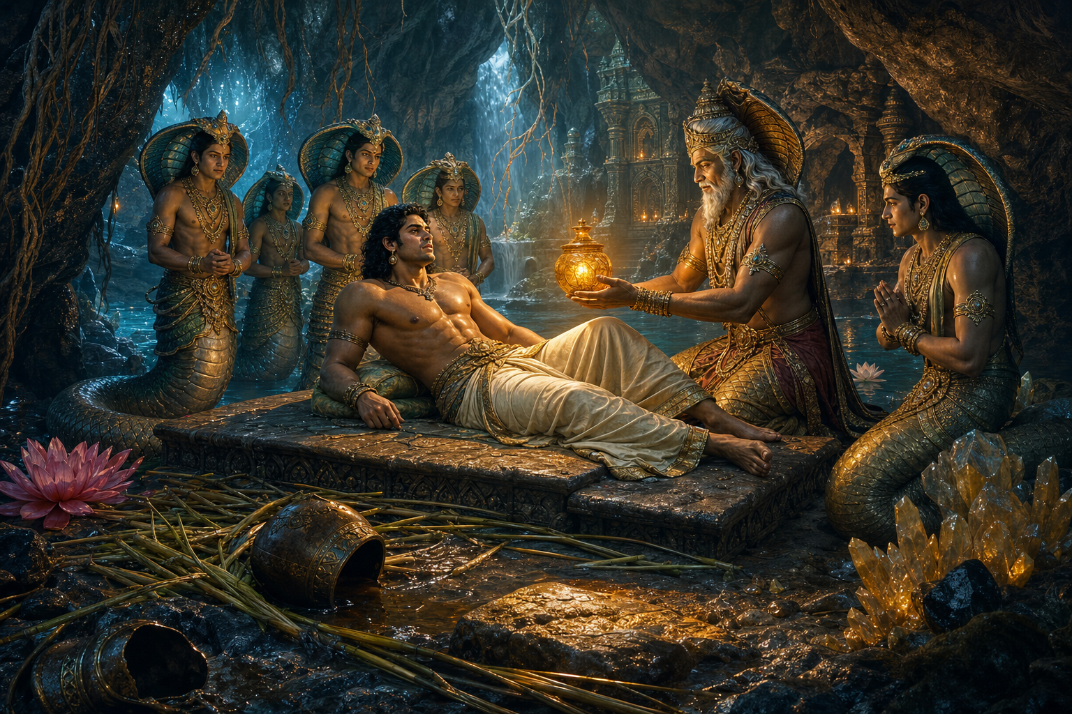 Bhima awakens in a luminous underground naga sanctuary as an elder serpent guardian offers him a golden vessel, with broken reeds and an overturned bowl nearby.