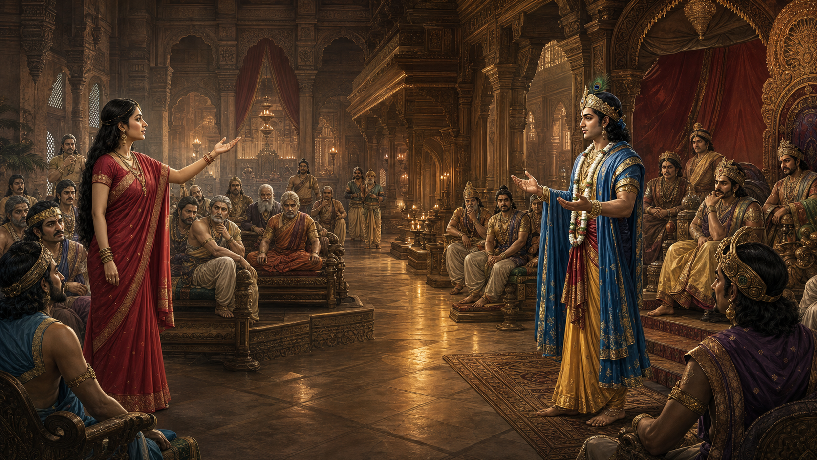 Draupadi questions an uneasy royal assembly on one side while Krishna addresses a tense court as a peace envoy on the other.