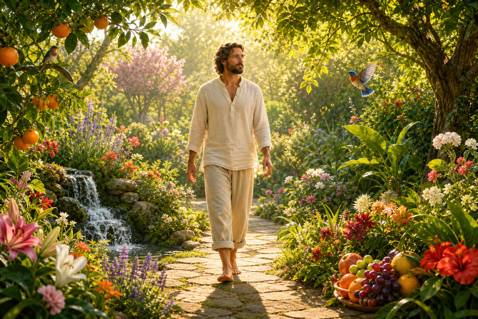 A calm barefoot person walks through a vivid garden with flowers, fruit, birds, and flowing water without reaching for them.