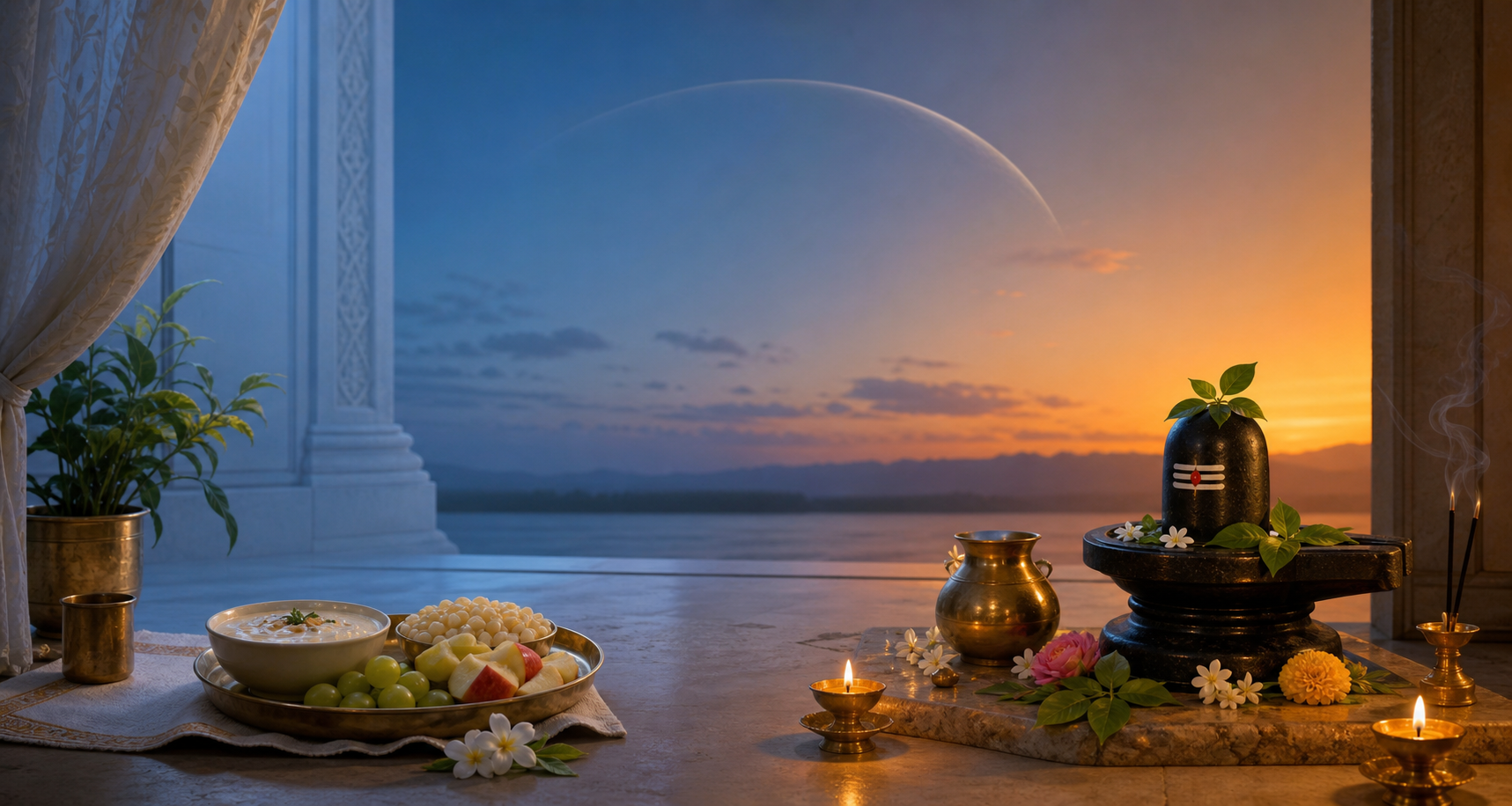 A dawn meal and an evening Shiva lingam puja shown together in a day-to-dusk devotional scene.