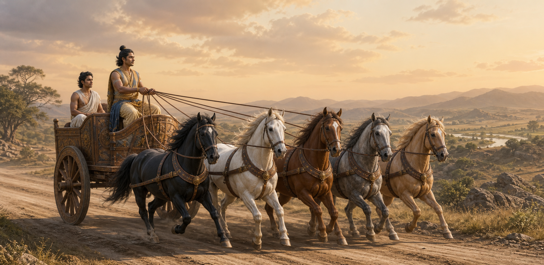 A calm charioteer guides five horses in unison while a still passenger sits behind in an ancient wooden chariot.