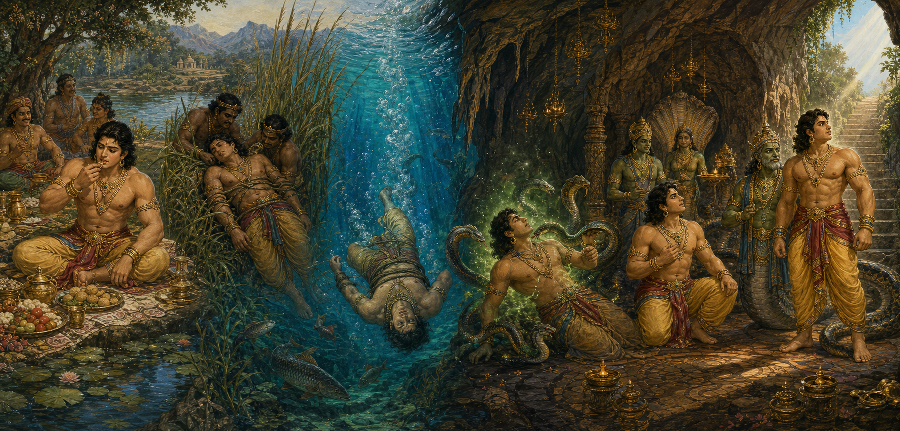 A continuous scene follows Bhima from a poisoned riverside meal through the river, serpent bites, naga welcome, restoration, and return toward daylight.