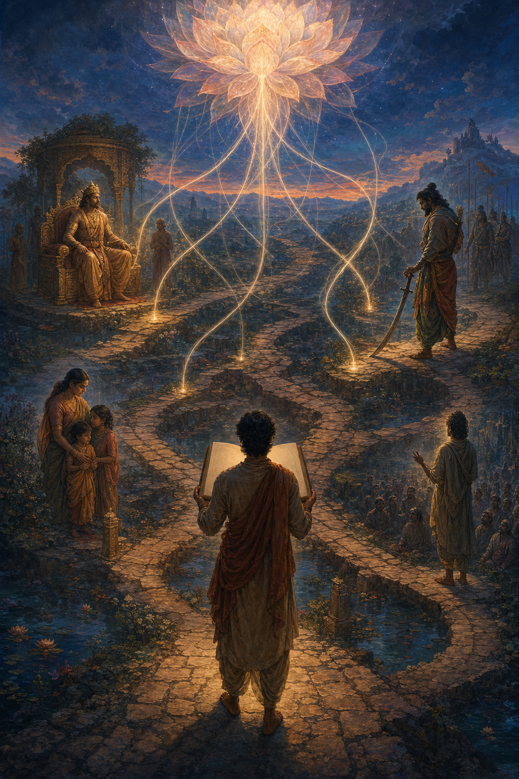 A reader holding an open manuscript stands where several paths meet, surrounded by figures representing rulership, warfare, family duty, and truth-telling.