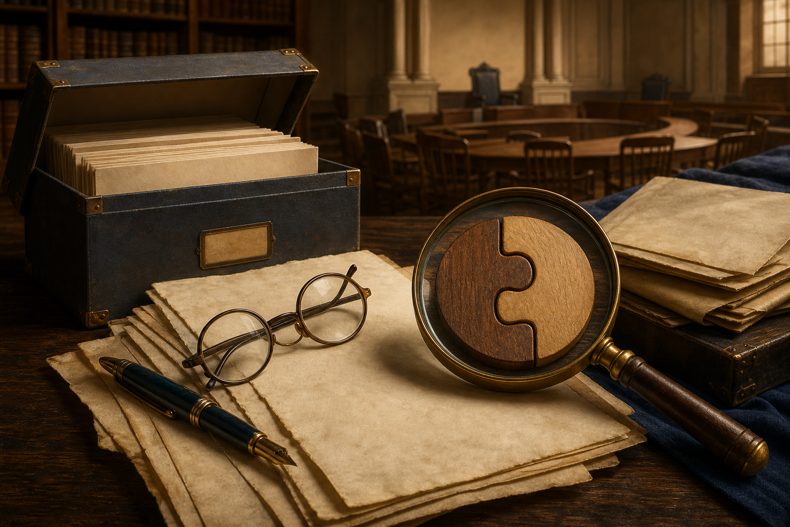 An archive box, blank papers, spectacles and a magnifying glass arranged on a wooden research table.