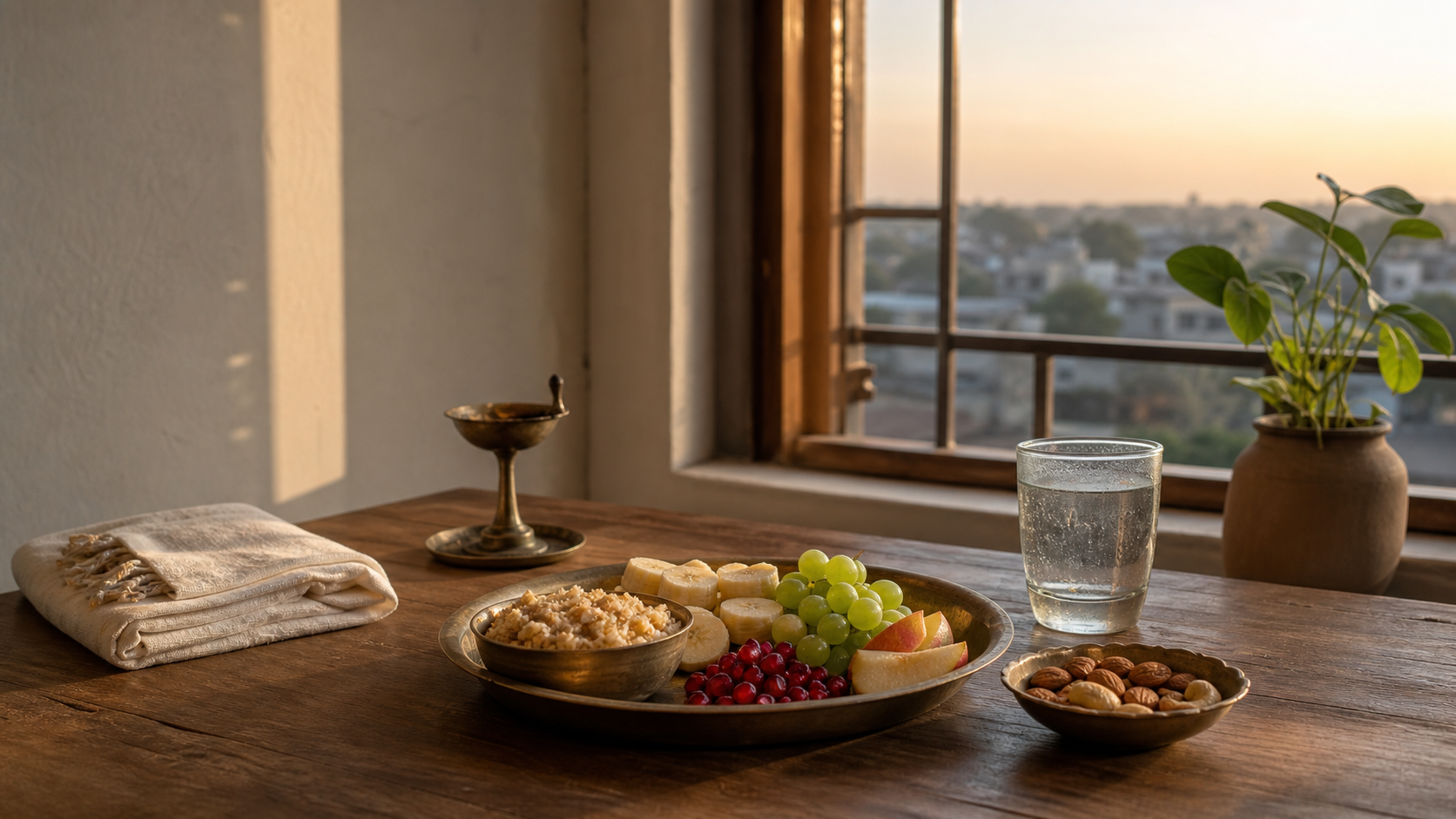 A simple sattvic fast-breaking meal arranged beside a sunlit window in the early morning.