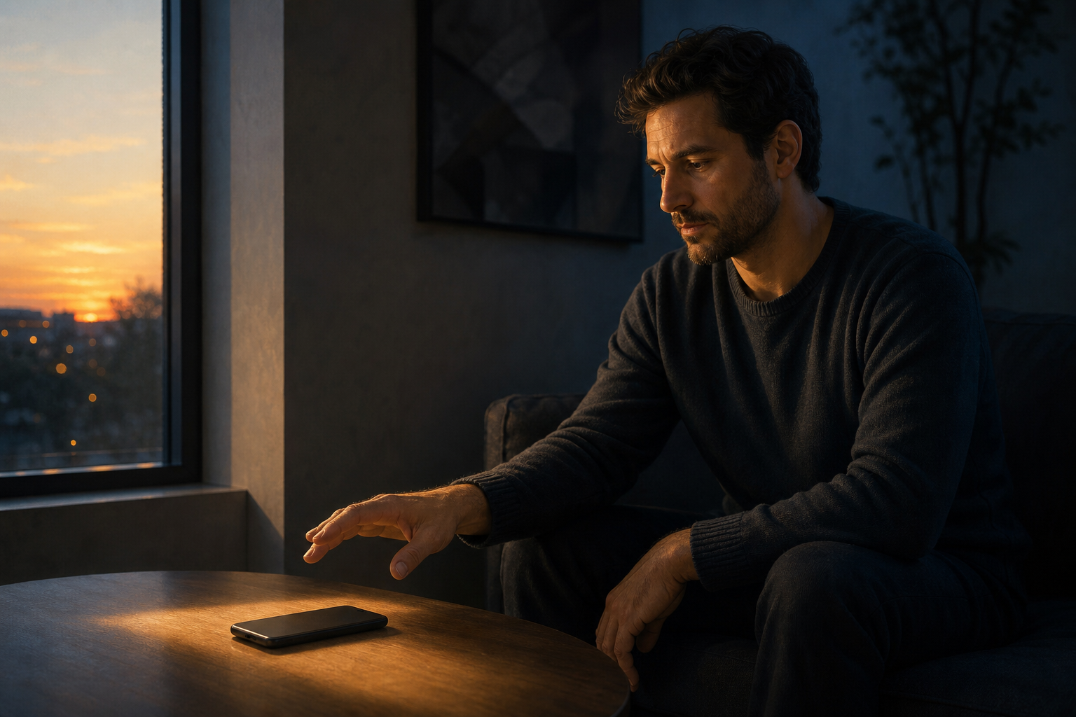 A seated person pauses with a hand above a face-down smartphone and turns inward beside a softly lit window.