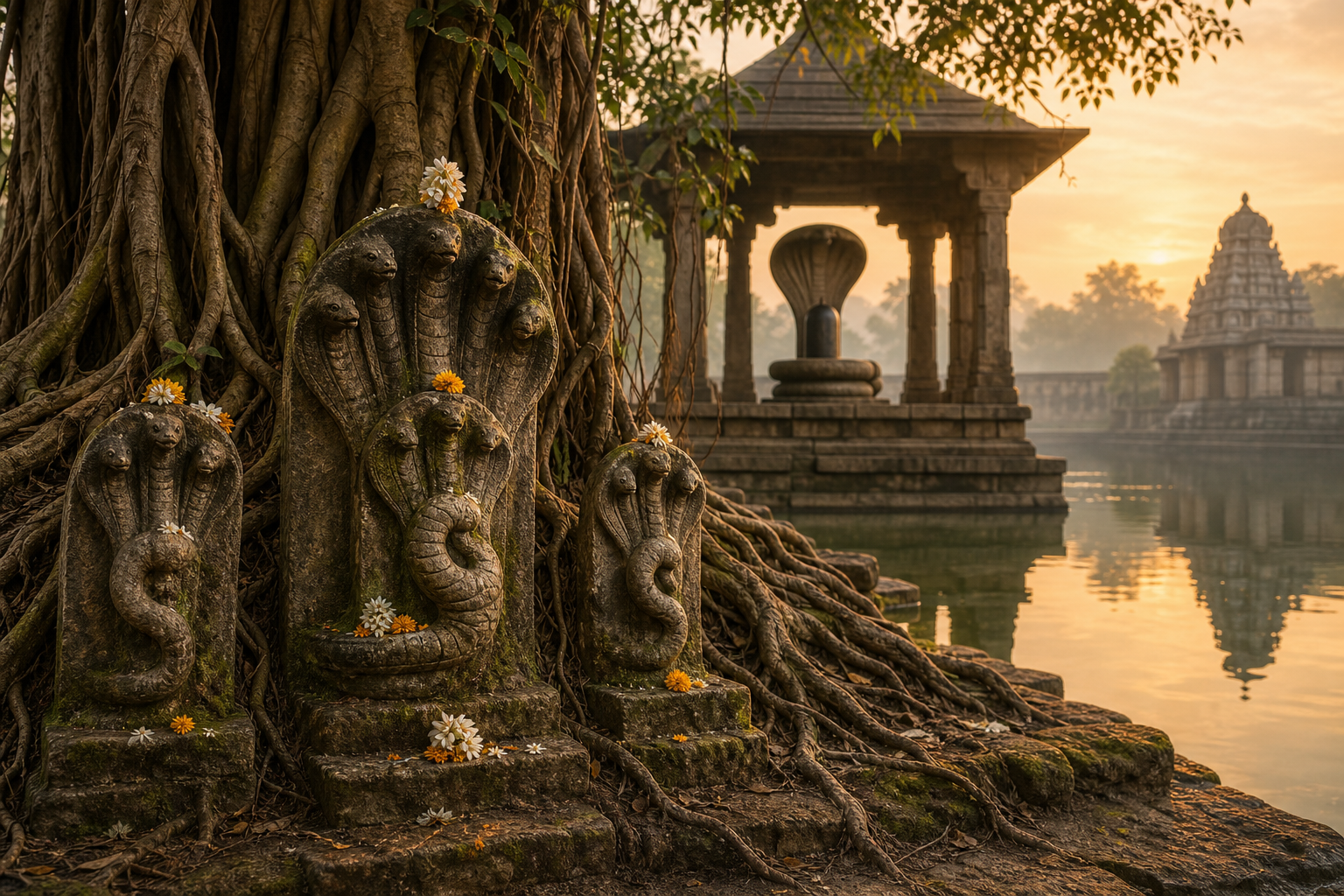 Flower-adorned stone Naga deities beneath a banyan tree beside a temple tank, with a cobra-hooded Shiva linga in a nearby pavilion.