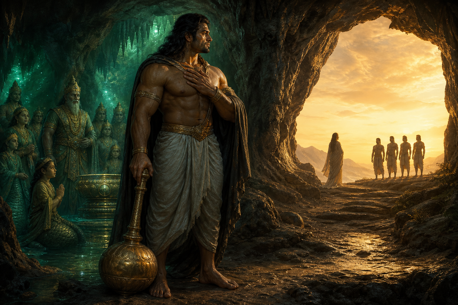 A strengthened Bhima stands between naga elders in a glowing cavern and the distant figures of his mother and brothers at dawn, with his mace resting at his side.